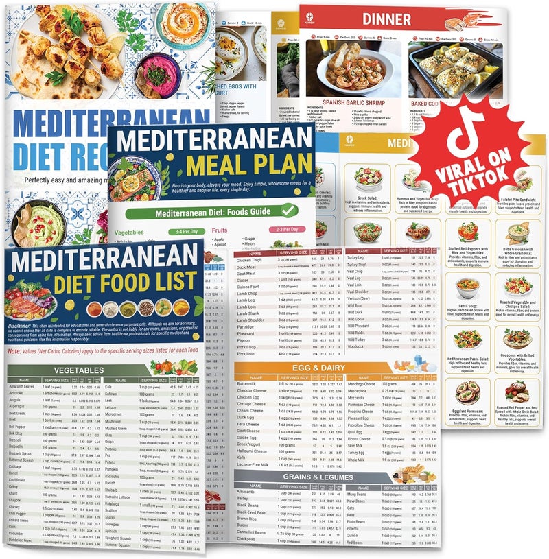 HAMIEW Set 3 Mediterranean Diet Chart Food List 2026, Mediterranean Ingredient Meal Plan, Serving Sizes Calories Net Carbs, Weight Loss Diet, Diabetes-Friendly, Heart Healthy, Easy Recipes for Beginners - Image 1